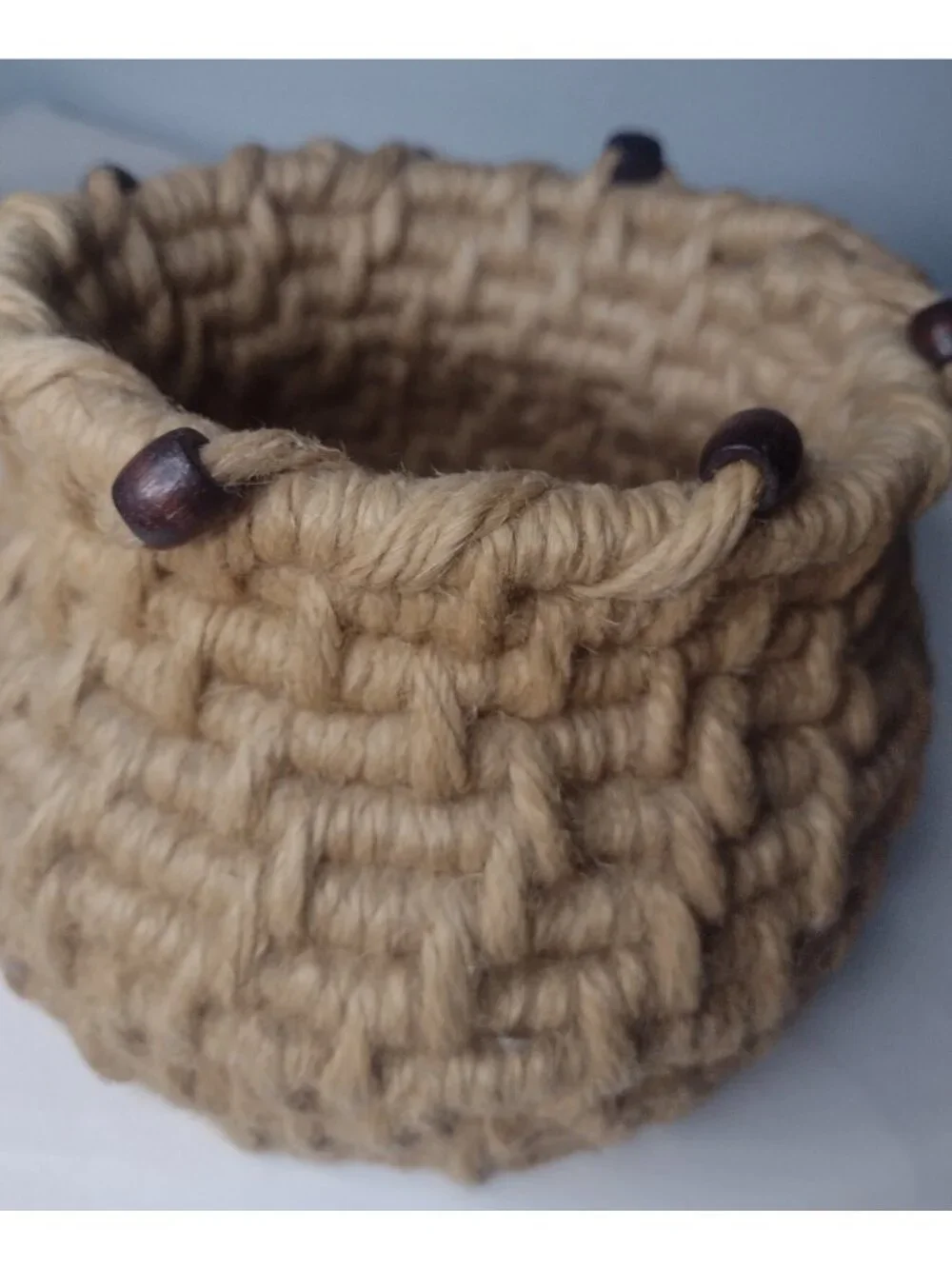 Wood Beaded Woven Jute Basket 6